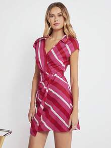 BizChic Striped Print Batwing Sleeve Wrap Dress Workwear - Multicolor - View 3