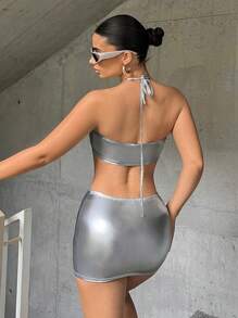 SHEIN ICON 環鏈鏤空金屬質感吊脖緊身洋裝 - 銀色 - 查看 3