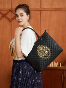 HARRY POTTER X SHEIN Grafiskt tryck axelväska PuSchool-ryggsäck, skolväska, stor kapacitet, bärbar, affärsmässig, lämplig för tonårsflickor, kvinnliga högskolestudenter, nybörjare och tjänstemän, perfekt för tillbaka till skolan, grundskola, arbete, affärer, pendling, , presenter - Svart - Visa 2