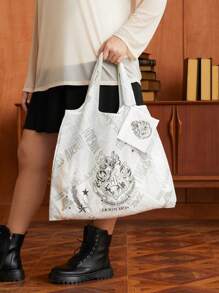 HARRY POTTER X SHEIN 1 件卡通霍格沃茨哈利波特图案可折叠购物袋、书包、大容量、便携、经典休闲、适合女性和大学生，非常适合返校、开学第一天、中学、高中、节日、礼物 - 彩色 - 查看 3