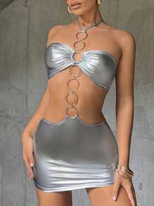 SHEIN ICON 環鏈鏤空金屬質感吊脖緊身洋裝 - 銀色 - 查看 6