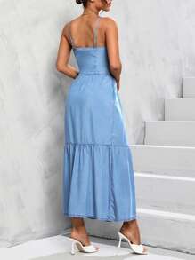 SHEIN Privé 荷葉邊腰帶牛仔吊帶連衣裙 - 中等水洗藍 - 查看 3