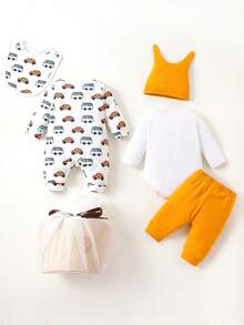 SHEIN 男嬰汽車印花連身褲和連體衣和褲子和帽和圍兜和包禮品套裝 - 彩色 - 查看 2