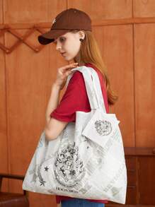 HARRY POTTER X SHEIN 1 件卡通霍格沃茨哈利波特图案可折叠购物袋、书包、大容量、便携、经典休闲、适合女性和大学生，非常适合返校、开学第一天、中学、高中、节日、礼物 - 彩色 - 查看 9