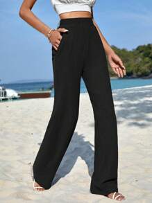 RueChic Solid Elastic Waist Straight Leg Trousers - Black - View 5
