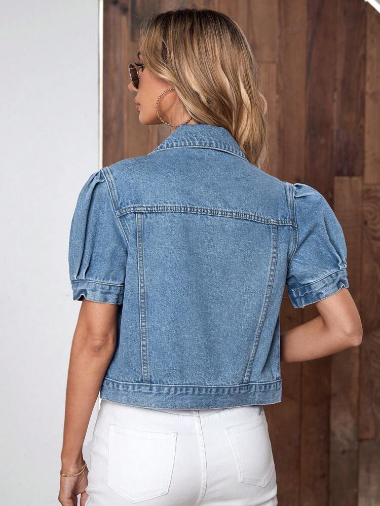 Puff Sleeve Button Front Denim Jacket