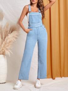 SHEIN Essnce 補丁貼口袋牛仔背帶褲不附帶背心 - 淺色水洗藍 - 查看 4