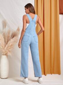 SHEIN Essnce 補丁貼口袋牛仔背帶褲不附帶背心 - 淺色水洗藍 - 查看 3