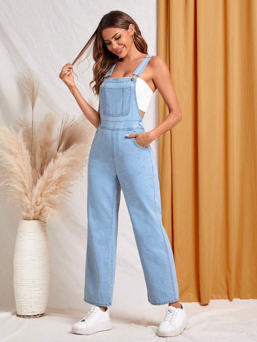 SHEIN Essnce 補丁貼口袋牛仔背帶褲不附帶背心 - 淺色水洗藍 - 查看 1