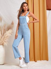 SHEIN Essnce 補丁貼口袋牛仔背帶褲不附帶背心 - 淺色水洗藍 - 查看 2