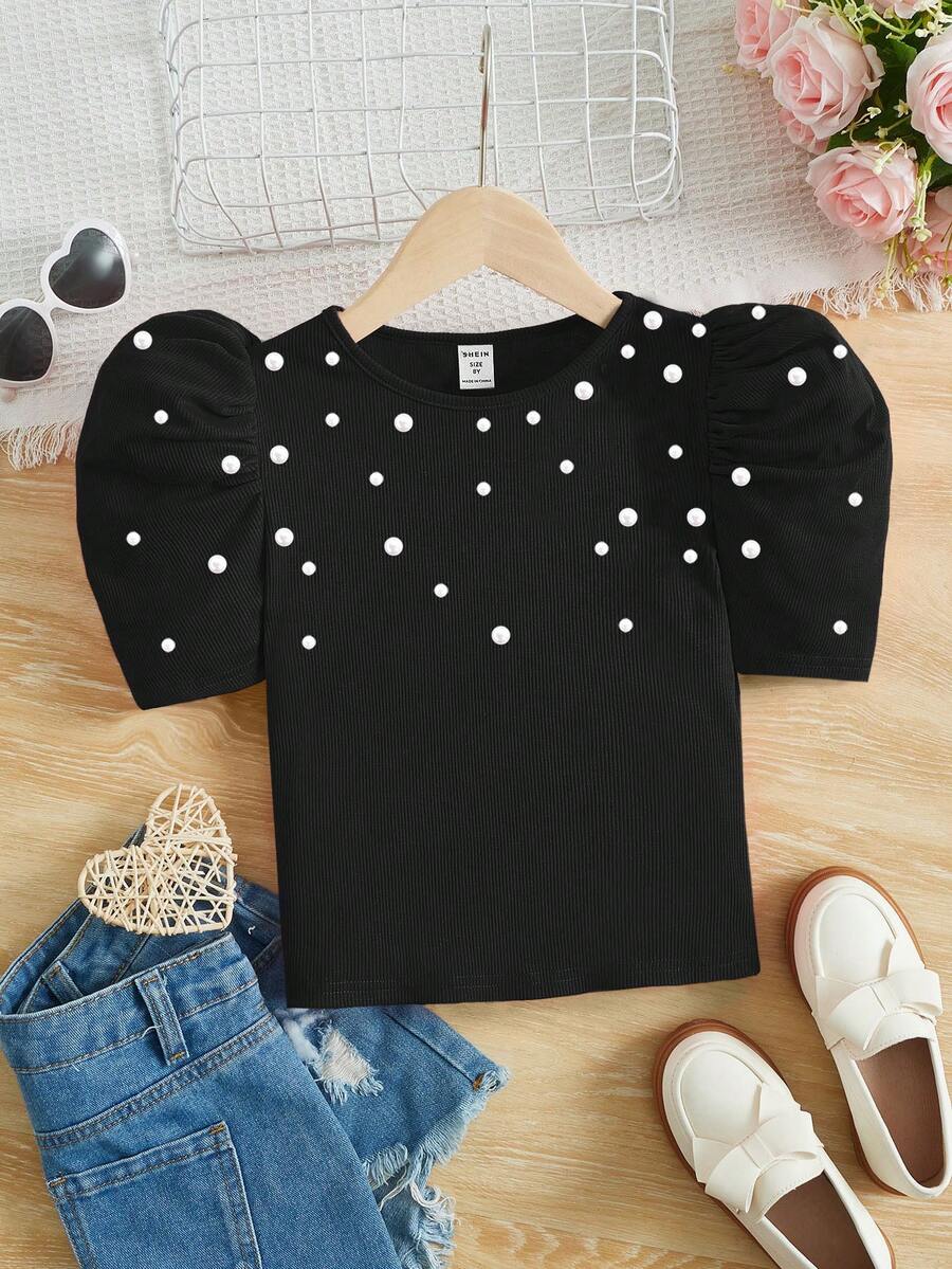 SHEIN 女孩珍珠串珠泡泡袖T恤 - 黑色 - 查看 1