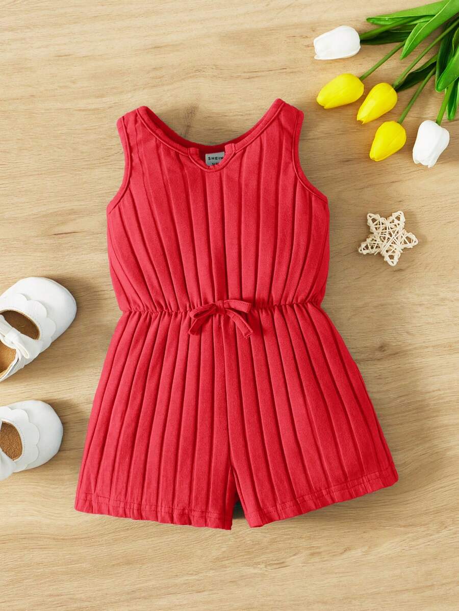 SHEIN Mono tejido A Mano Con Cinturón De Lazo Para Bebé Niña - Rojo - Ver 1