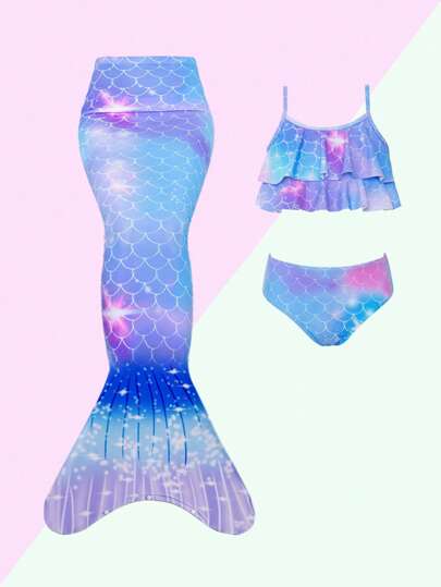 Tween Girl 3pcs Fish Scales Print Mermaid Tail Set Summer Holiday