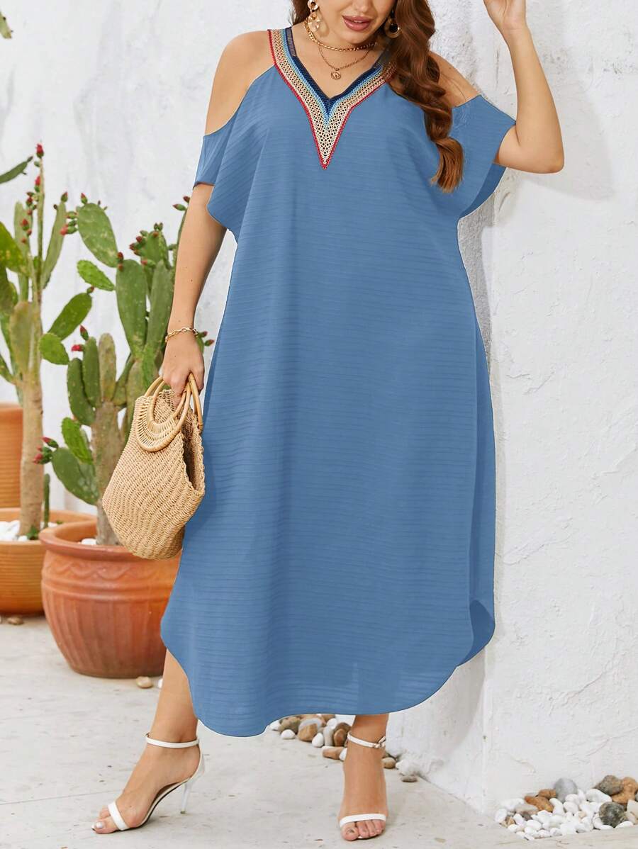 SHEIN VCAY 大碼條紋圖案挖肩蝙蝠袖連衣裙 - 霧霾藍 - 查看 1