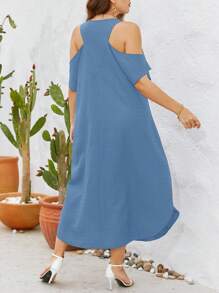 SHEIN VCAY 大碼條紋圖案挖肩蝙蝠袖連衣裙 - 霧霾藍 - 查看 2