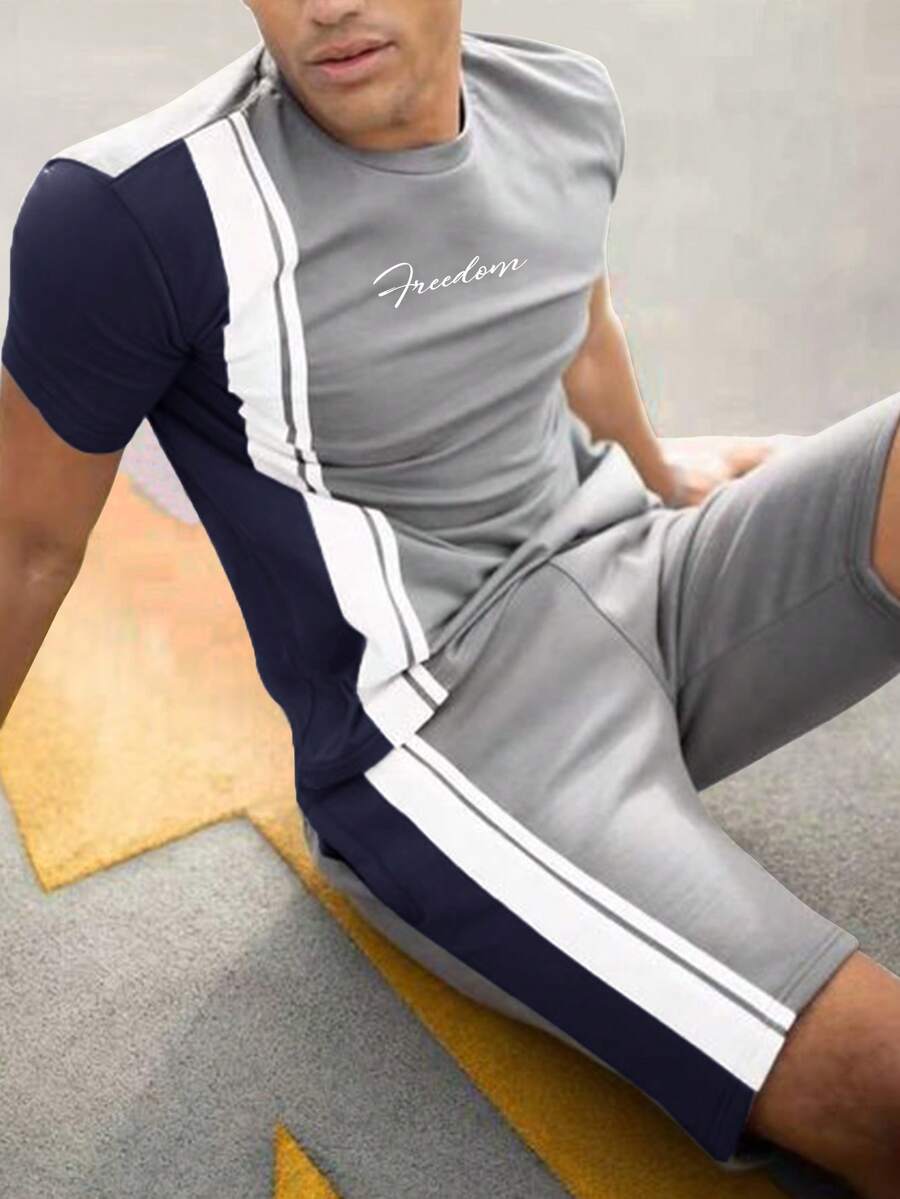 Manfinity Homme 男士字母圖案撞色T恤和短褲 - 灰色 - 查看 1