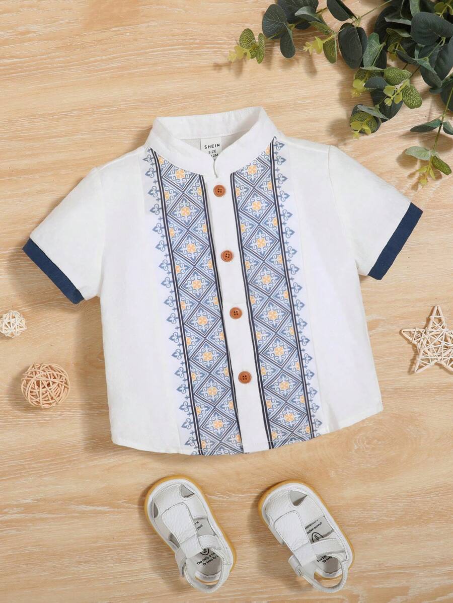 SHEIN قميص بطباعة دمشقية مقلم متباين أزرار أمامية للاولاد الاطفال - أبيض - مشاهدة 1