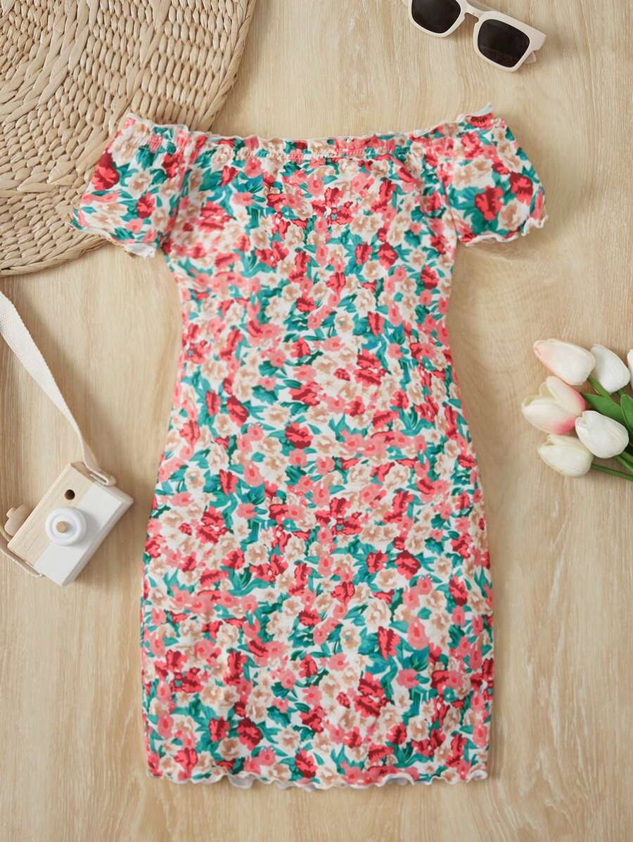 SHEIN 針織花卉露肩合身休閒連衣裙，適用於青少年女孩 - 彩色 - 查看 1