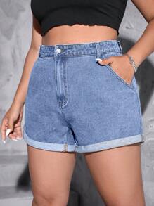 SHEIN ICON 大碼高腰卷邊牛仔短褲