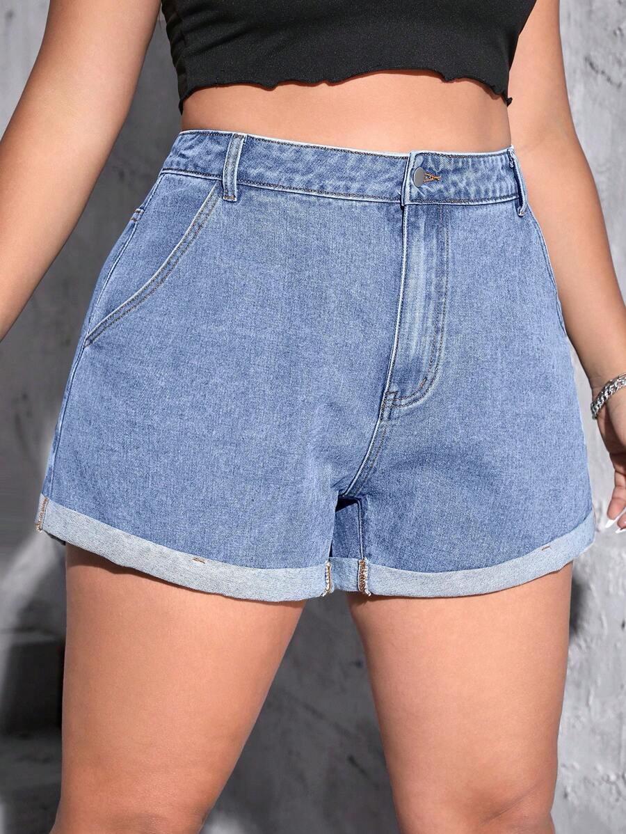 SHEIN ICON 大碼高腰卷邊牛仔短褲