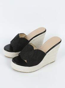 女士單帶草編鞋底涼鞋,度假夏天織物坡跟涼鞋 - 黑色 - 查看 5