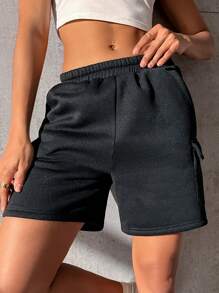 SHEIN Unity Quần đùi nữ Túi màu trơn Giải trí - màu đen - Xem 3