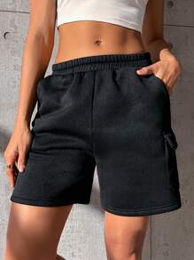 SHEIN Unity Quần đùi nữ Túi màu trơn Giải trí - màu đen - Xem 4