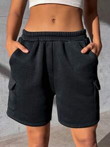 SHEIN Unity Quần đùi nữ Túi màu trơn Giải trí - màu đen - Xem 5