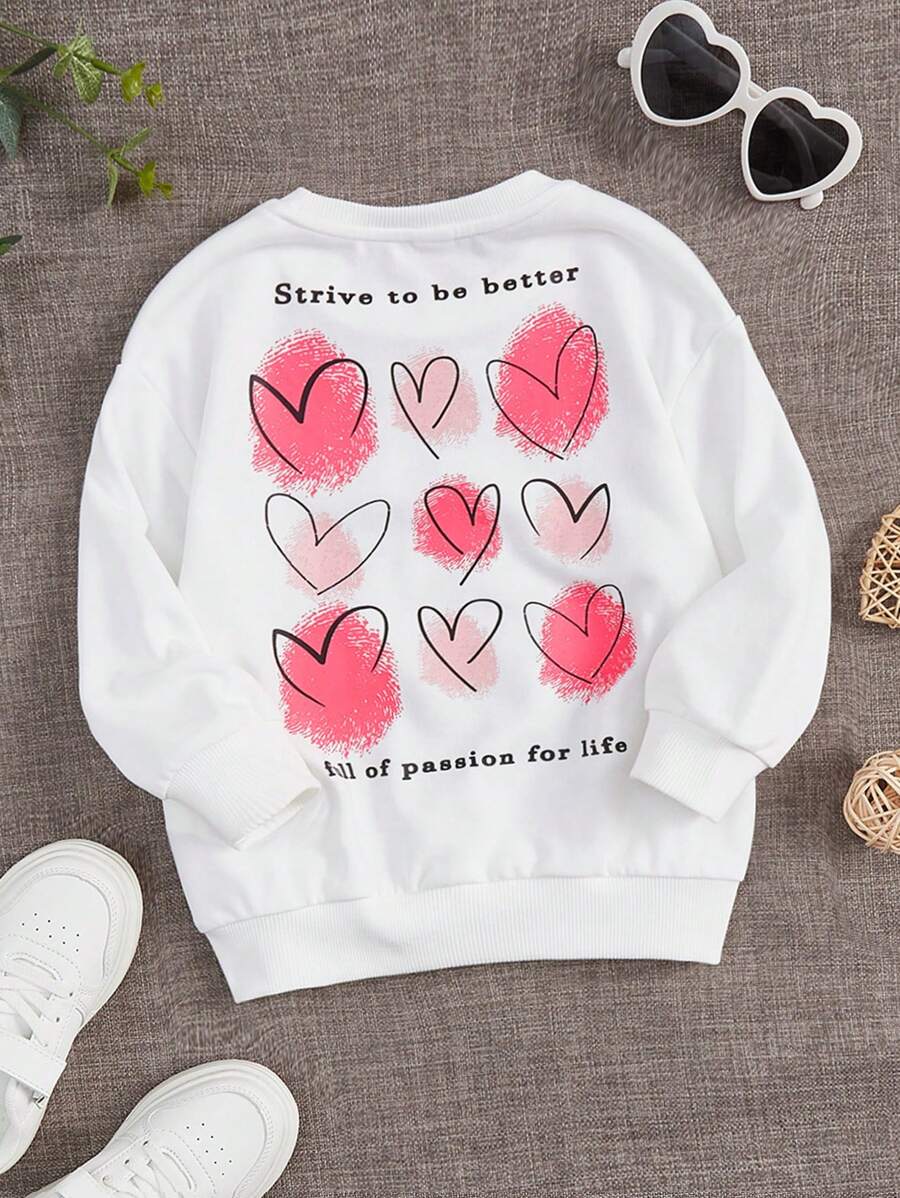 SHEIN Toddler Girls Heart & Slogan Graphic Sweatshirt - White - View 1