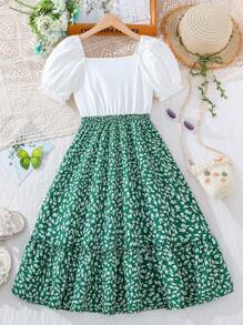 SHEIN Đầm Gái Viên lá sen Họa tiết hoa Boho - màu xanh lá - Xem 2