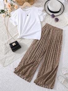 SHEIN Tween Girl Ruffle Trim Tee & Dalmatian Print Wide Leg Pants