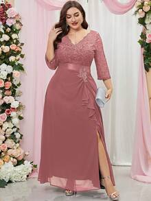 MIUSOL Plus Contrast Lace Ruffle Trim Split Thigh Bridesmaid Dress - Dusty Pink - View 3