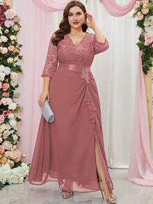 MIUSOL Plus Contrast Lace Ruffle Trim Split Thigh Bridesmaid Dress - Dusty Pink - View 5