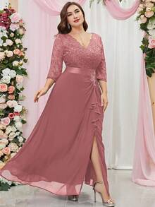 MIUSOL Plus Contrast Lace Ruffle Trim Split Thigh Bridesmaid Dress - Dusty Pink - View 6