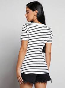 SHEIN Maternity Striped Print V Neck Tee - White - View 2