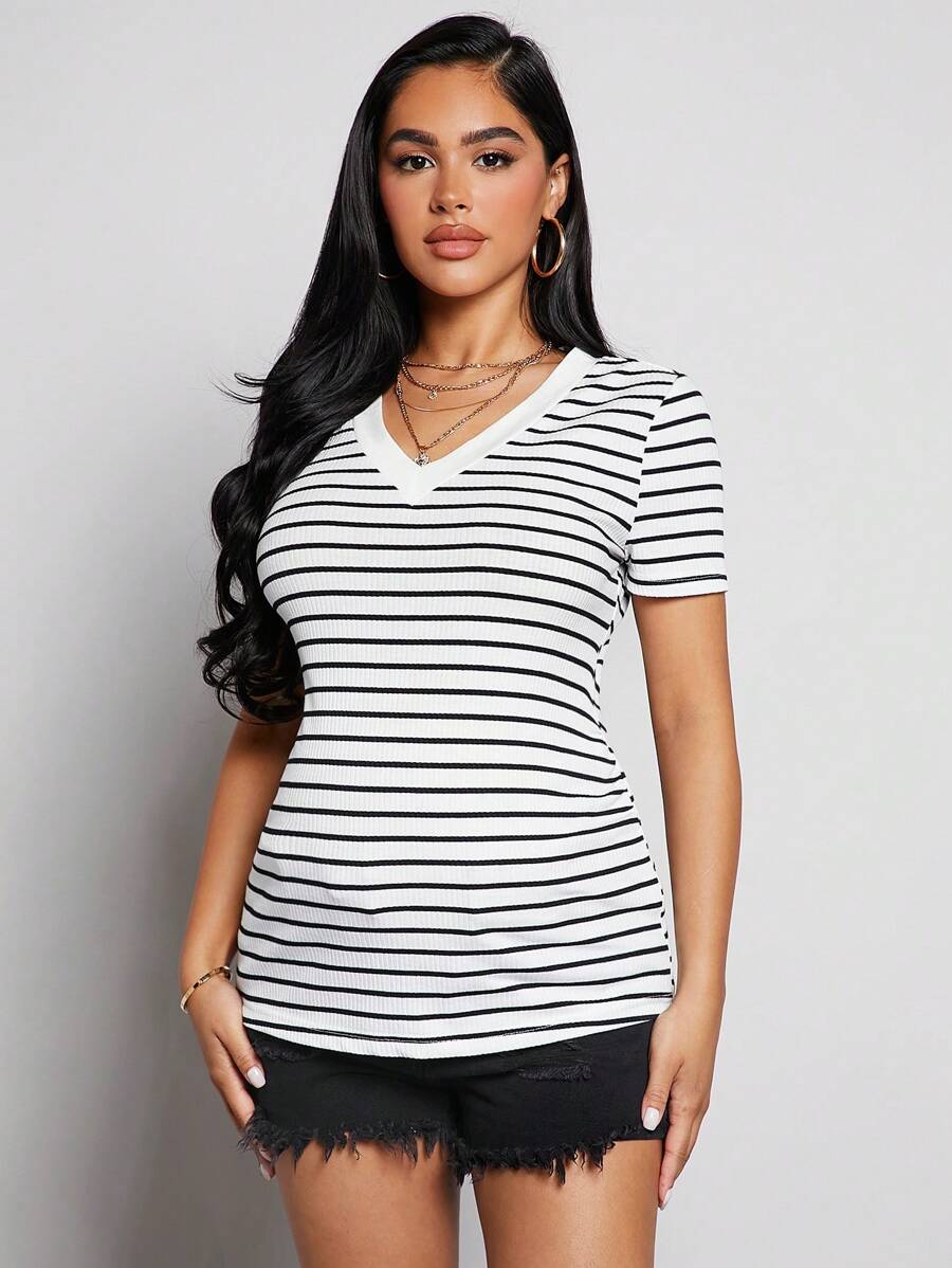 SHEIN Maternity Striped Print V Neck Tee - White - View 1