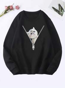 SHEIN EZwear 貓印花加絨內裏運動衫 - 黑色 - 查看 1