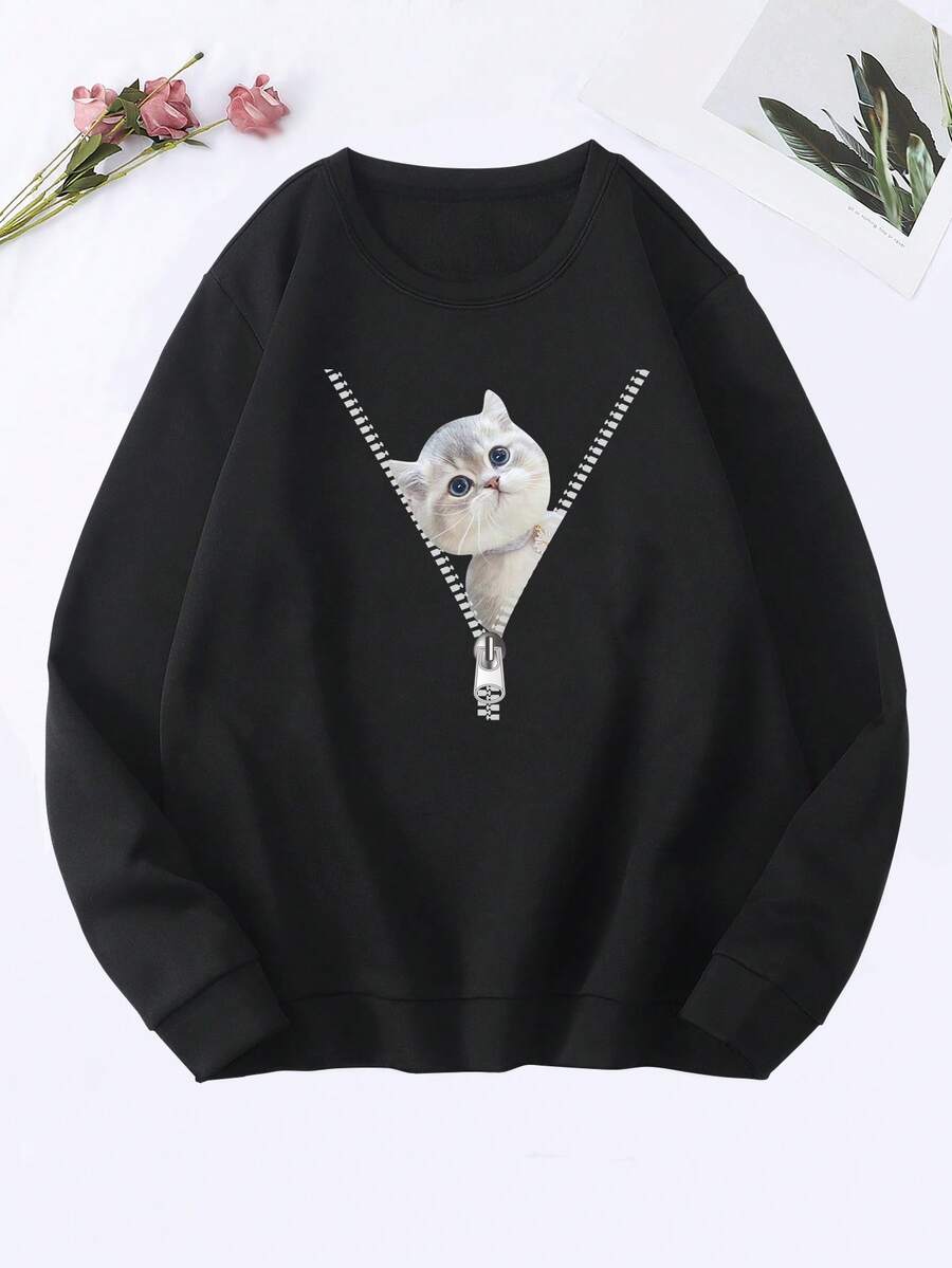 SHEIN EZwear 貓印花加絨內裏運動衫 - 黑色 - 查看 1