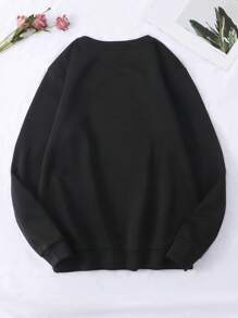 SHEIN EZwear 貓印花加絨內裏運動衫 - 黑色 - 查看 2