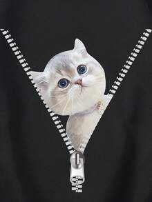 SHEIN EZwear 貓印花加絨內裏運動衫 - 黑色 - 查看 6