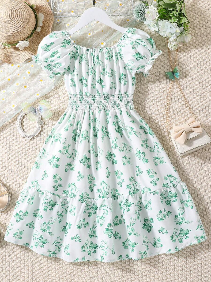 SHEIN Sparklyn Tween Girl Floral Print Puff Sleeve Ruffle Hem Dress,Holiday,Summer,Travel - Green - View 1