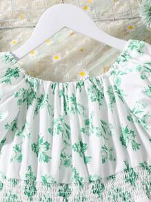 SHEIN Sparklyn Tween Girl Floral Print Puff Sleeve Ruffle Hem Dress,Holiday,Summer,Travel - Green - View 5