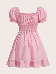 ROMWE Kawaii Kleid mit Vichy-Karomuster, Puffärmeln und Rüschen Saum im Milchmädchen-Stil