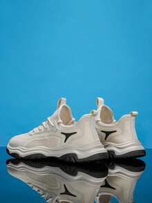 Men Lace-up Front Mesh Panel Sneakers, Sport Outdoor Sneakers - Beige - View 1