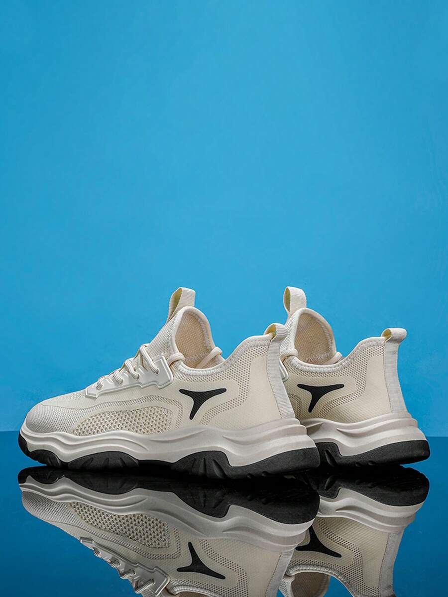 Men Lace-up Front Mesh Panel Sneakers, Sport Outdoor Sneakers - Beige - View 1