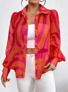 Chiquease 滿版印花燈籠袖襯衫不附文胸 - 紅色 - 查看 3