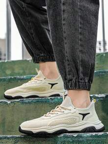 Men Lace-up Front Mesh Panel Sneakers, Sport Outdoor Sneakers - Beige - View 4