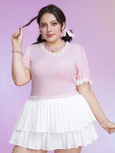 Kawaii Plus Contrast Lace Frill Trim Tee