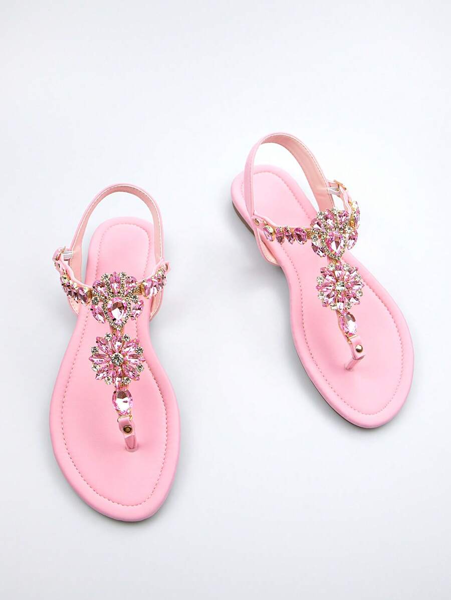 Women Rhinestone & Flower Decor Toe Post Flat Sandals, Glamorous Pink Lycra Thong Sandals For Summer Valentines,Flip Flops