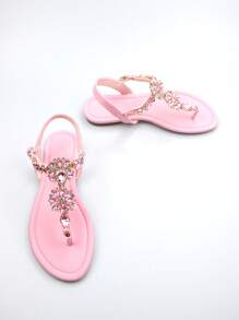 Women Rhinestone & Flower Decor Toe Post Flat Sandals, Glamorous Pink Lycra Thong Sandals For Summer Valentines,Flip Flops - Pink - View 3